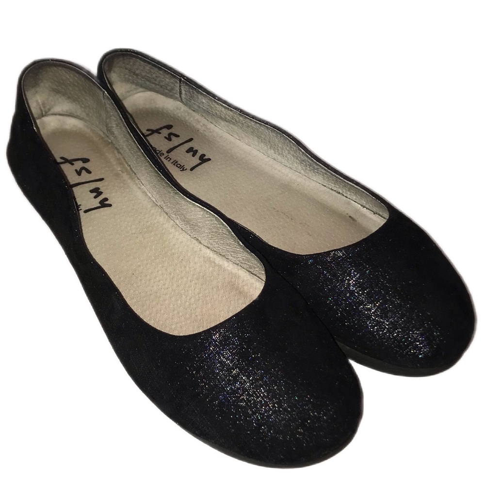 French Sole NY Sloop Black Metallic Leather Ballet Flat Women’s 8 Round Toe